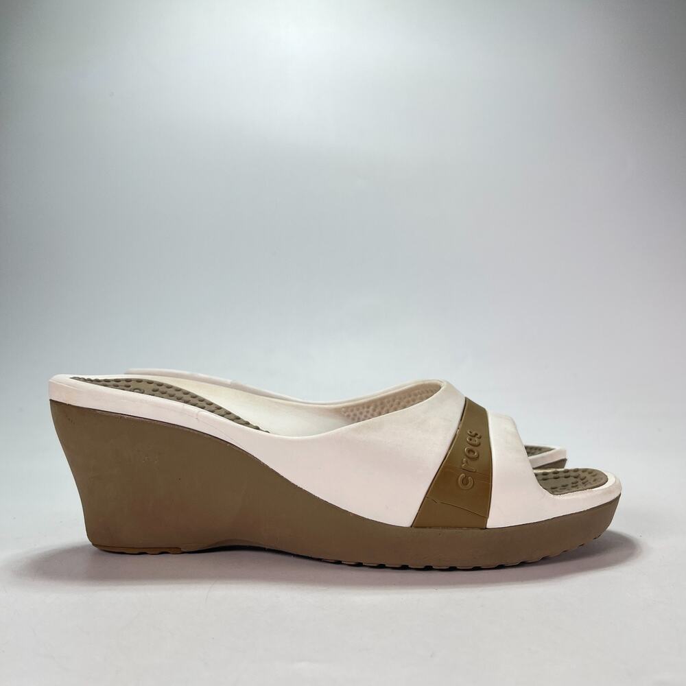 Crocs Sassari White Brown Open Toe Platform Wedge Slide Sandals Women's Size 7